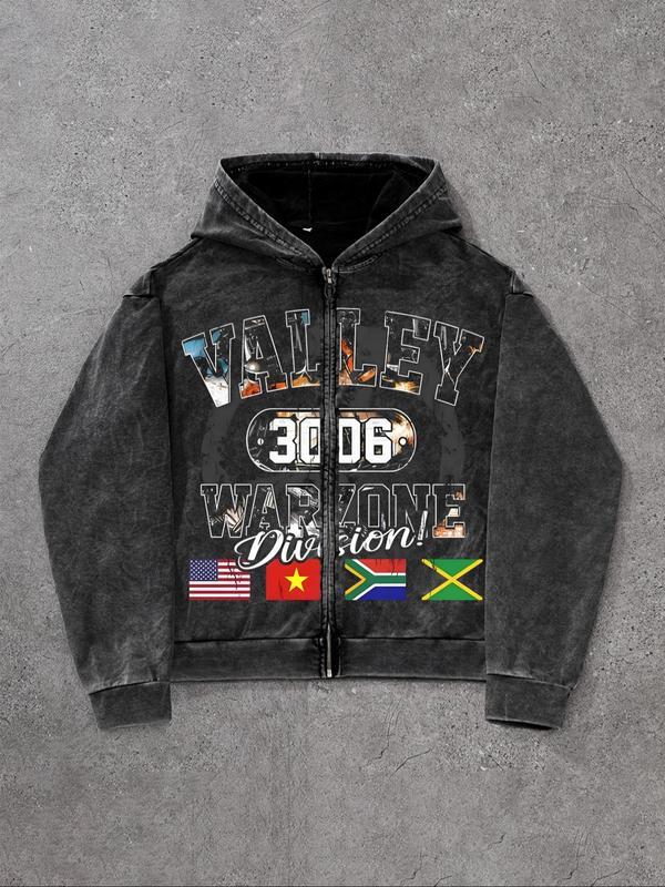 Men's Letter Print Zip Up Hoodie, Casual Loose Street Long Sleeve Hooded Sweatshirt for Daily Wear, Men's Clothes for All Seasons