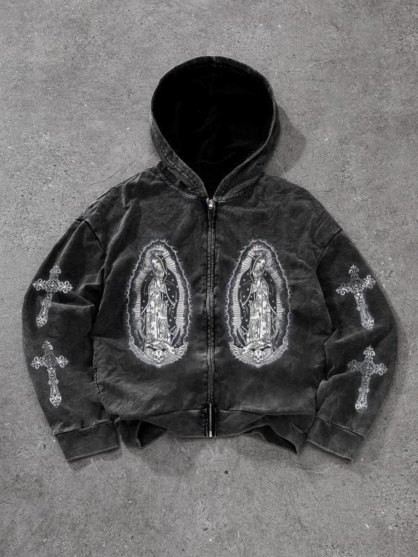 Men's Regular Fit Cross Print Zip Up Hoodie, Casual Long Sleeve Hooded Jacket for Daily Wear, Fashion Men's Clothes for All Seasons, Cotton, Graphic Menswear