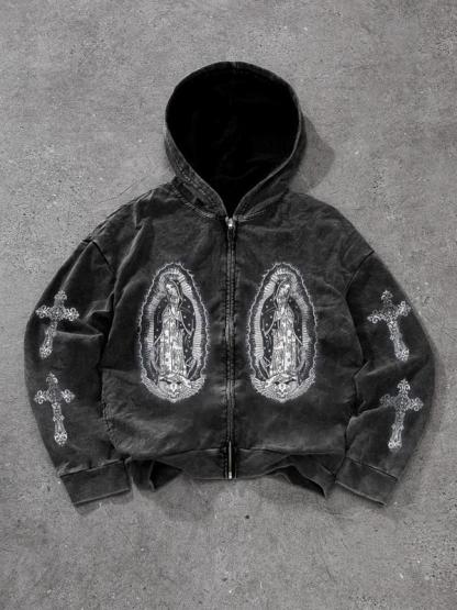 Men's Regular Fit Cross Print Zip Up Hoodie, Casual Long Sleeve Hooded Jacket for Daily Wear, Fashion Men's Clothes for All Seasons, Cotton, Graphic Menswear