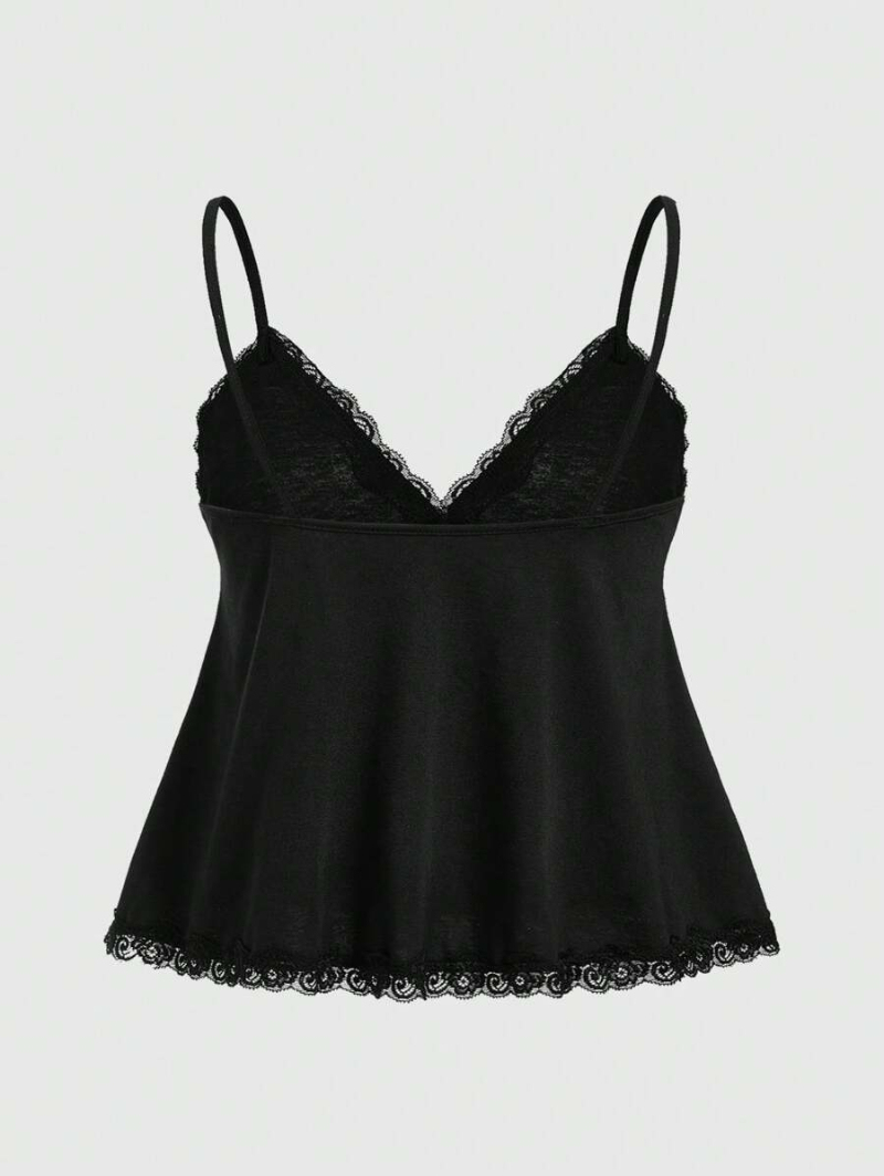 Fairycore Plus Size Women's Lace Patchwork Ruffle Hem Cami Tank Top With Spaghetti Straps