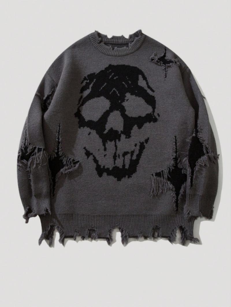 Men's Ripped Drop Shoulder Sweater with Skull Graphic Loose Casual Street Soft Comfy Long Sleeve Round Neck Knit Tops Jumper for Fall Fashion Men's Knitwear for Daily Wear Menswear Crewneck Streetwear Graphic Pullover Casual Cozy Jumper Men's Ripped Drop Shoulder Sweater with Skull Graphic Loose Casual Street Soft Comfy Long Sleeve Round Neck Knit Tops Jumper for Fall Fashion Men's Knitwear for Daily Wear Menswear Crewneck Streetwear Graphic Pullover Casual Cozy Jumper