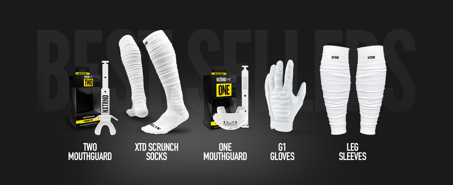NXTRND Best Sellers. Two Mouthguard. XTD Scrunch Sock. One Mouthguard. G1 Gloves. Leg Sleeves