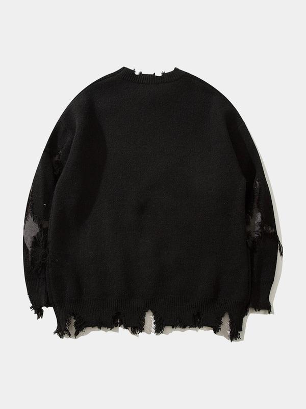 Men's Ripped Drop Shoulder Sweater with Skull Graphic Loose Casual Street Soft Comfy Long Sleeve Round Neck Knit Tops Jumper for Fall Fashion Men's Knitwear for Daily Wear Menswear Crewneck Streetwear Graphic Pullover Casual Cozy Jumper