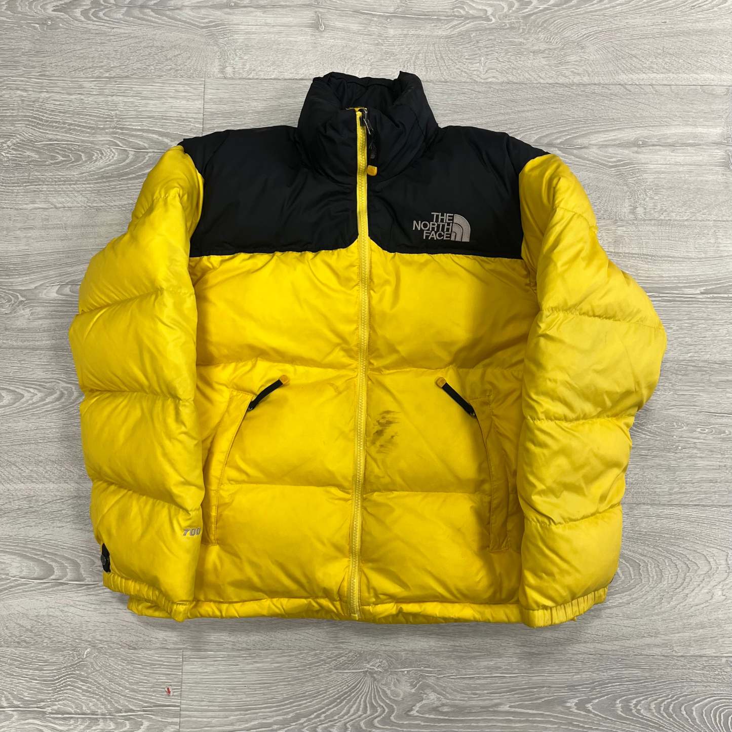 The North Face Yellow Puffer Jacket WITH STAIN