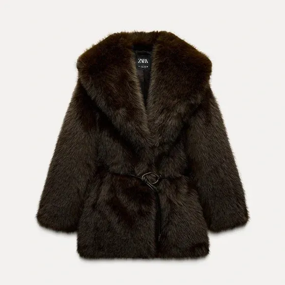 Zara FAUX FUR COAT WITH BELT