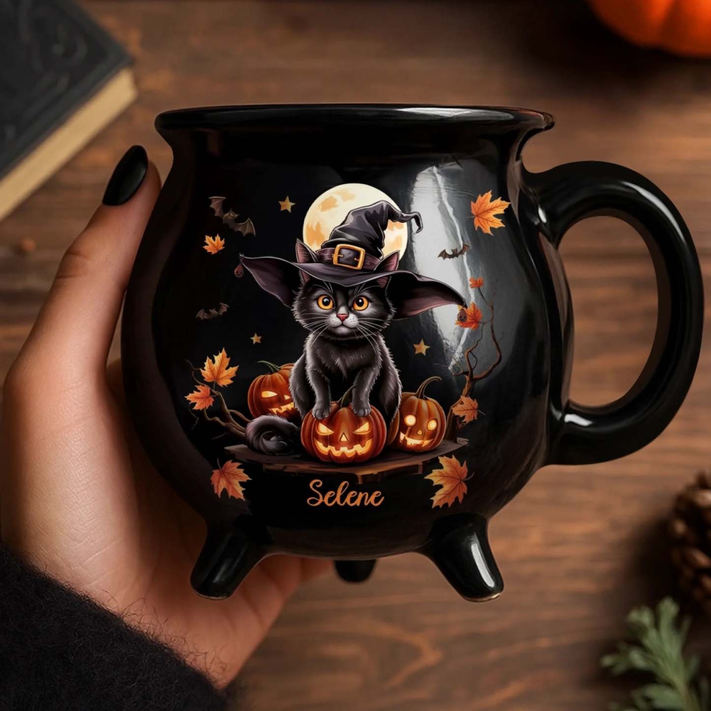 Custom 12oz Ceramic Cauldron Coffee Mug - Personalized Halloween Witchy Gifts For Besties, Sisters, BFF, Family, Yourself - Purrfectly Spooky