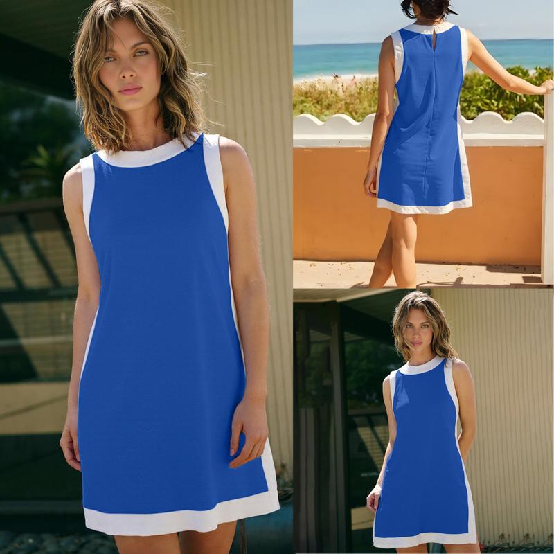 Women's Casual Two Piece Sets Color Block Crewneck Sleeveless Pullover Tops Matching Shorts With Pockets