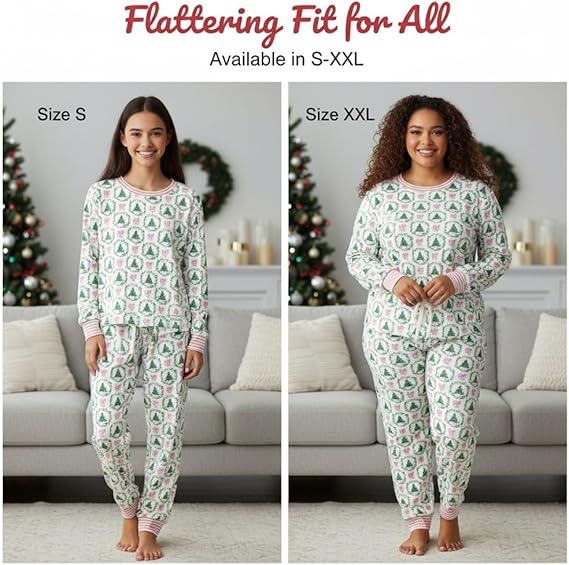Women’s Christmas Loungewear Set Tree Bow Print Two Piece Pajamas Long Sleeve Top & Pants Comfy Lightweight Fabric Holiday Sleepwear[Buy 2 Free Shipping]