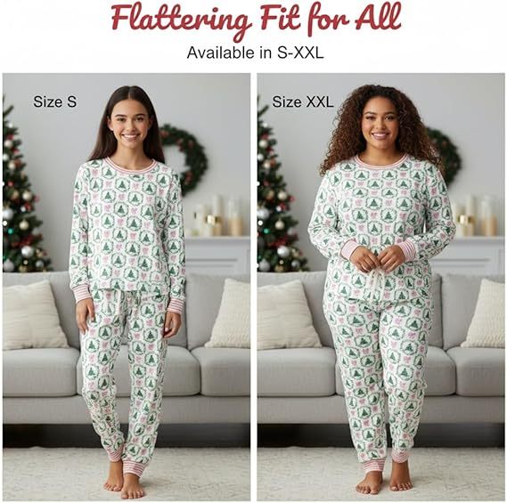 Women’s Christmas Loungewear Set Tree Bow Print Two Piece Pajamas Long Sleeve Top & Pants Comfy Lightweight Fabric Holiday Sleepwear[Buy 2 Free Shipping]