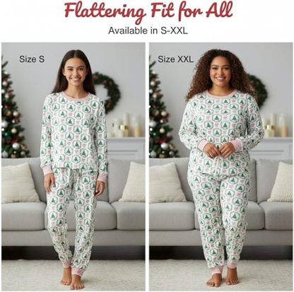 Women’s Christmas Loungewear Set Tree Bow Print Two Piece Pajamas Long Sleeve Top & Pants Comfy Lightweight Fabric Holiday Sleepwear[Buy 2 Free Shipping]