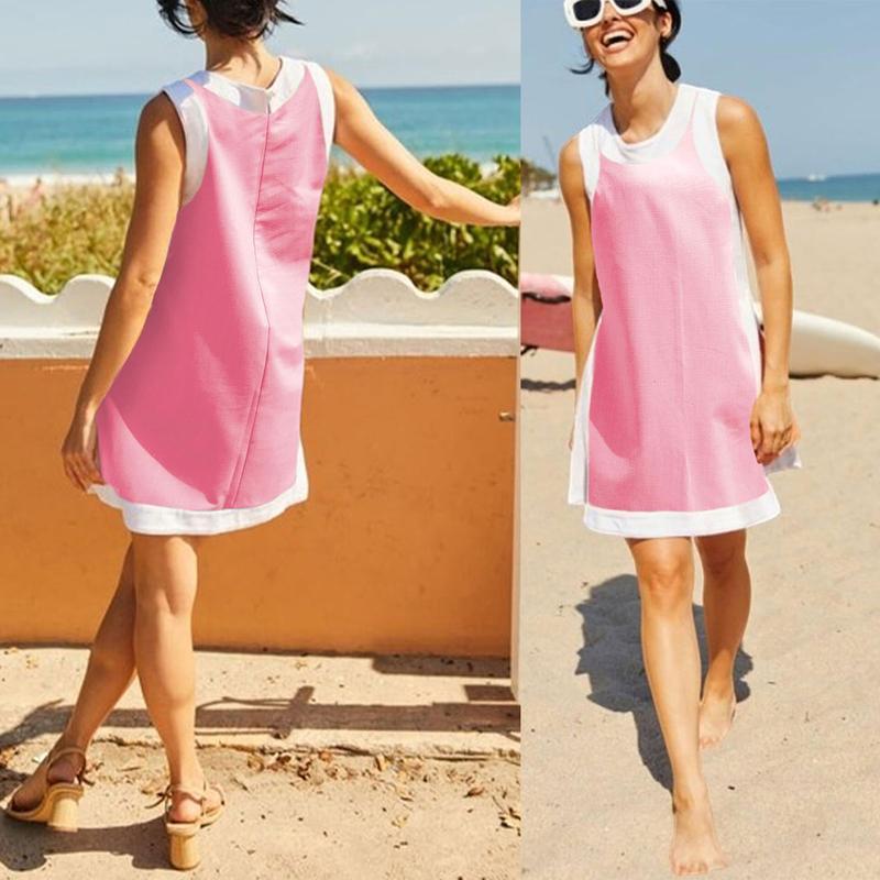 Women's Casual Two Piece Sets Color Block Crewneck Sleeveless Pullover Tops Matching Shorts With Pockets