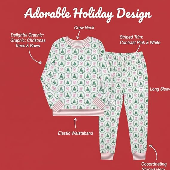 Women’s Christmas Loungewear Set Tree Bow Print Two Piece Pajamas Long Sleeve Top & Pants Comfy Lightweight Fabric Holiday Sleepwear[Buy 2 Free Shipping]