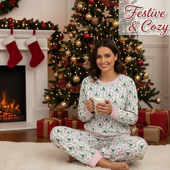 Women’s Christmas Loungewear Set Tree Bow Print Two Piece Pajamas Long Sleeve Top & Pants Comfy Lightweight Fabric Holiday Sleepwear[Buy 2 Free Shipping]