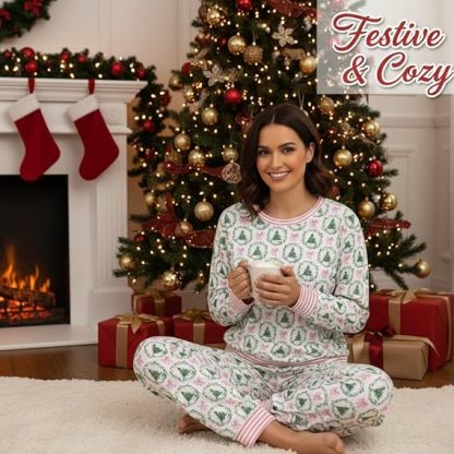Women’s Christmas Loungewear Set Tree Bow Print Two Piece Pajamas Long Sleeve Top & Pants Comfy Lightweight Fabric Holiday Sleepwear[Buy 2 Free Shipping]