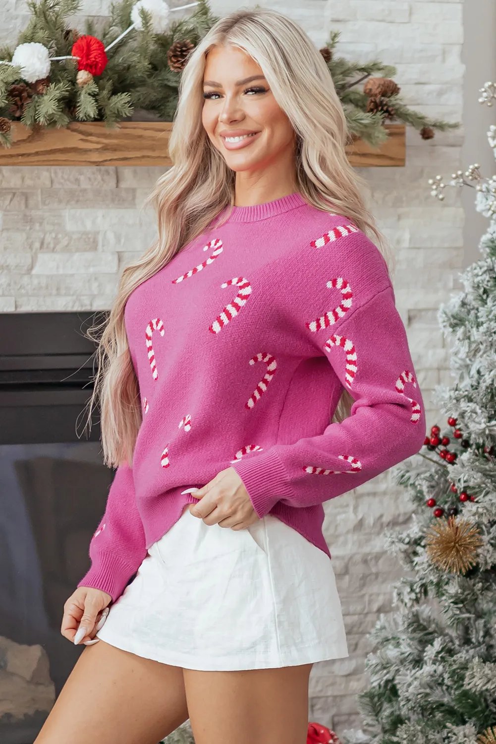 Womens Christmas Candy Cane Holiday Drop Shoulder Sweater
