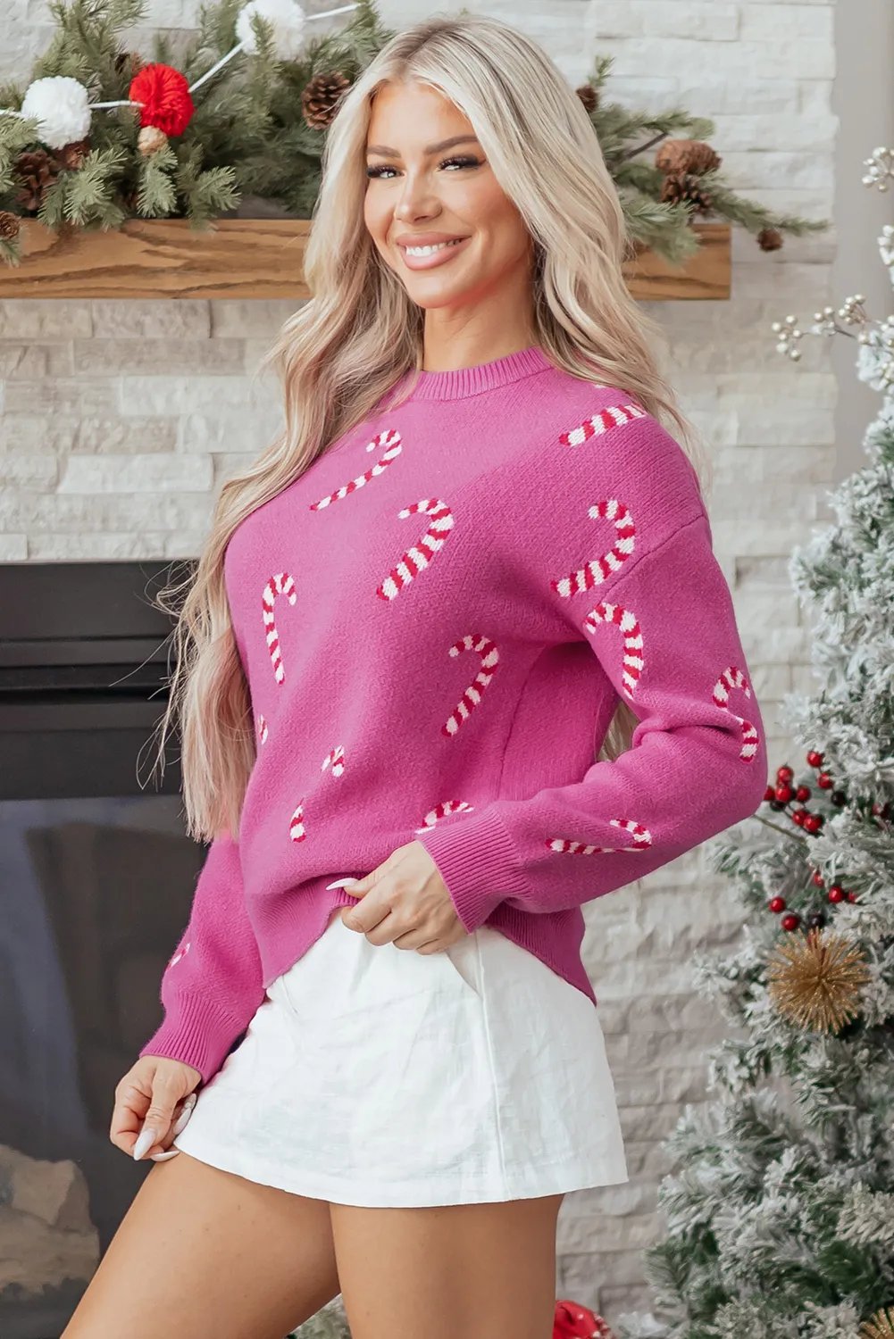 Womens Christmas Candy Cane Holiday Drop Shoulder Sweater
