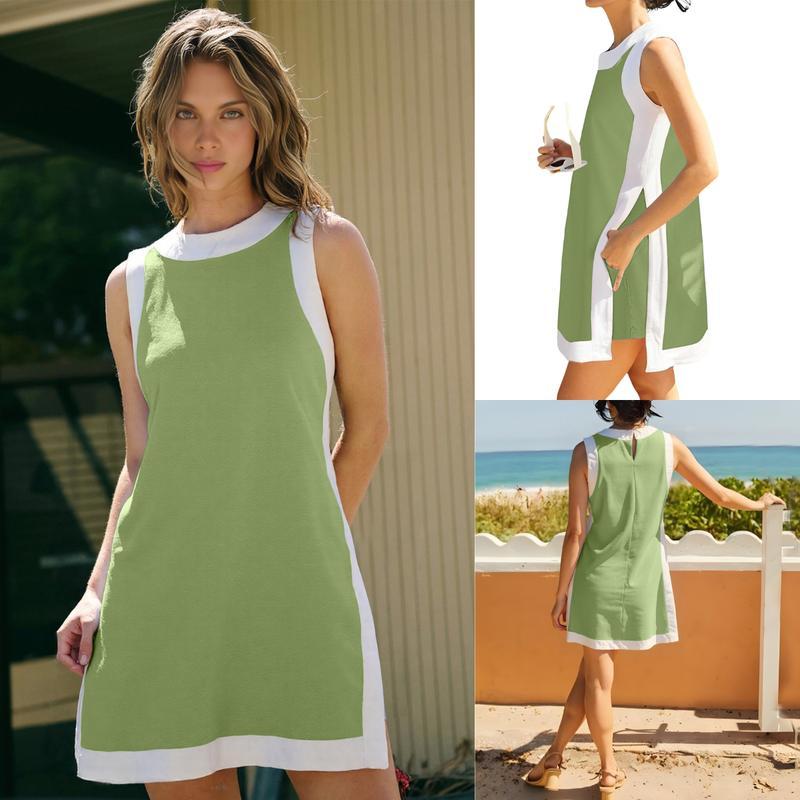 Women's Casual Two Piece Sets Color Block Crewneck Sleeveless Pullover Tops Matching Shorts With Pockets