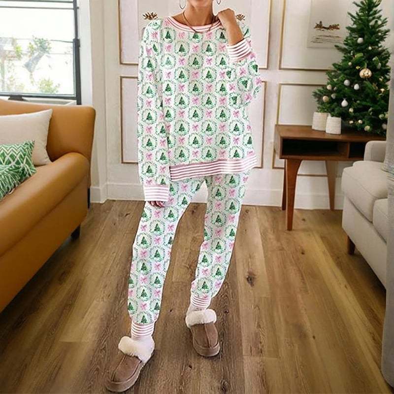 Women’s Christmas Loungewear Set Tree Bow Print Two Piece Pajamas Long