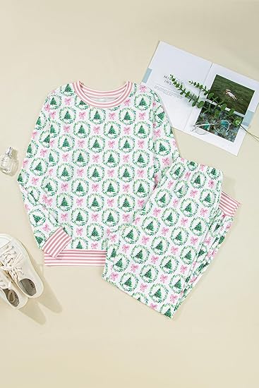 Women’s Christmas Loungewear Set Tree Bow Print Two Piece Pajamas Long Sleeve Top & Pants Comfy Lightweight Fabric Holiday Sleepwear[Buy 2 Free Shipping]