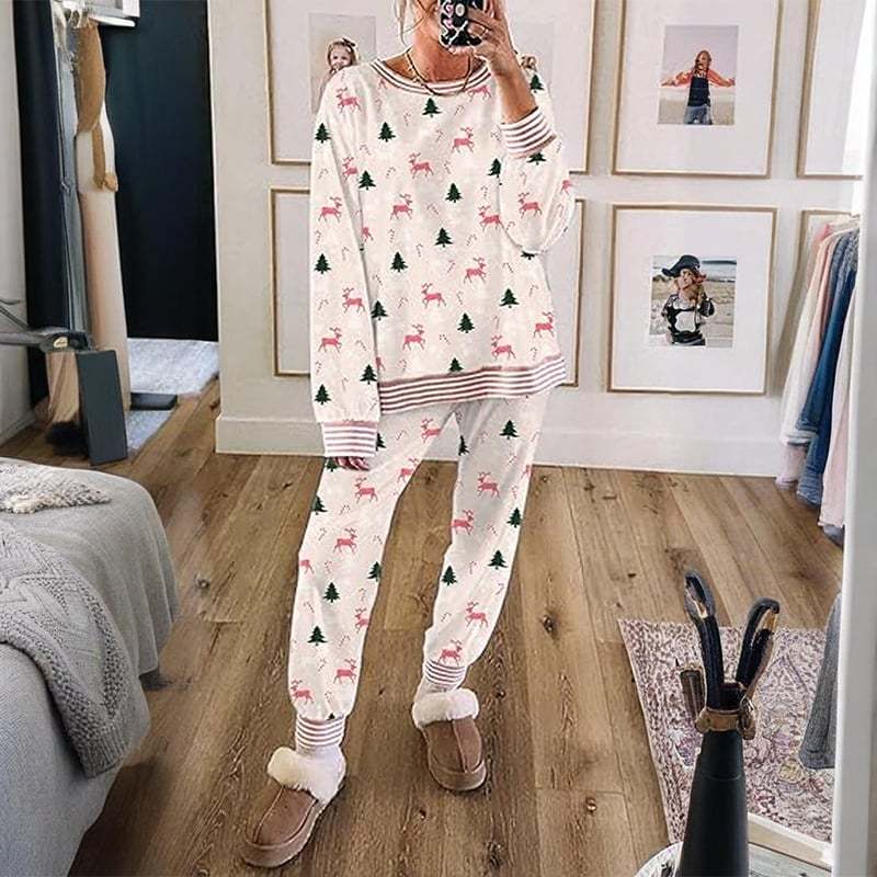 Women’s Christmas Loungewear Set Tree Bow Print Two Piece Pajamas Long Sleeve Top & Pants Comfy Lightweight Fabric Holiday Sleepwear[Buy 2 Free Shipping]