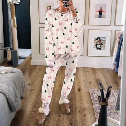 Women’s Christmas Loungewear Set Tree Bow Print Two Piece Pajamas Long Sleeve Top & Pants Comfy Lightweight Fabric Holiday Sleepwear[Buy 2 Free Shipping]