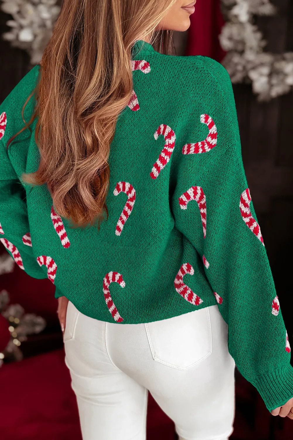 Womens Christmas Candy Cane Holiday Drop Shoulder Sweater