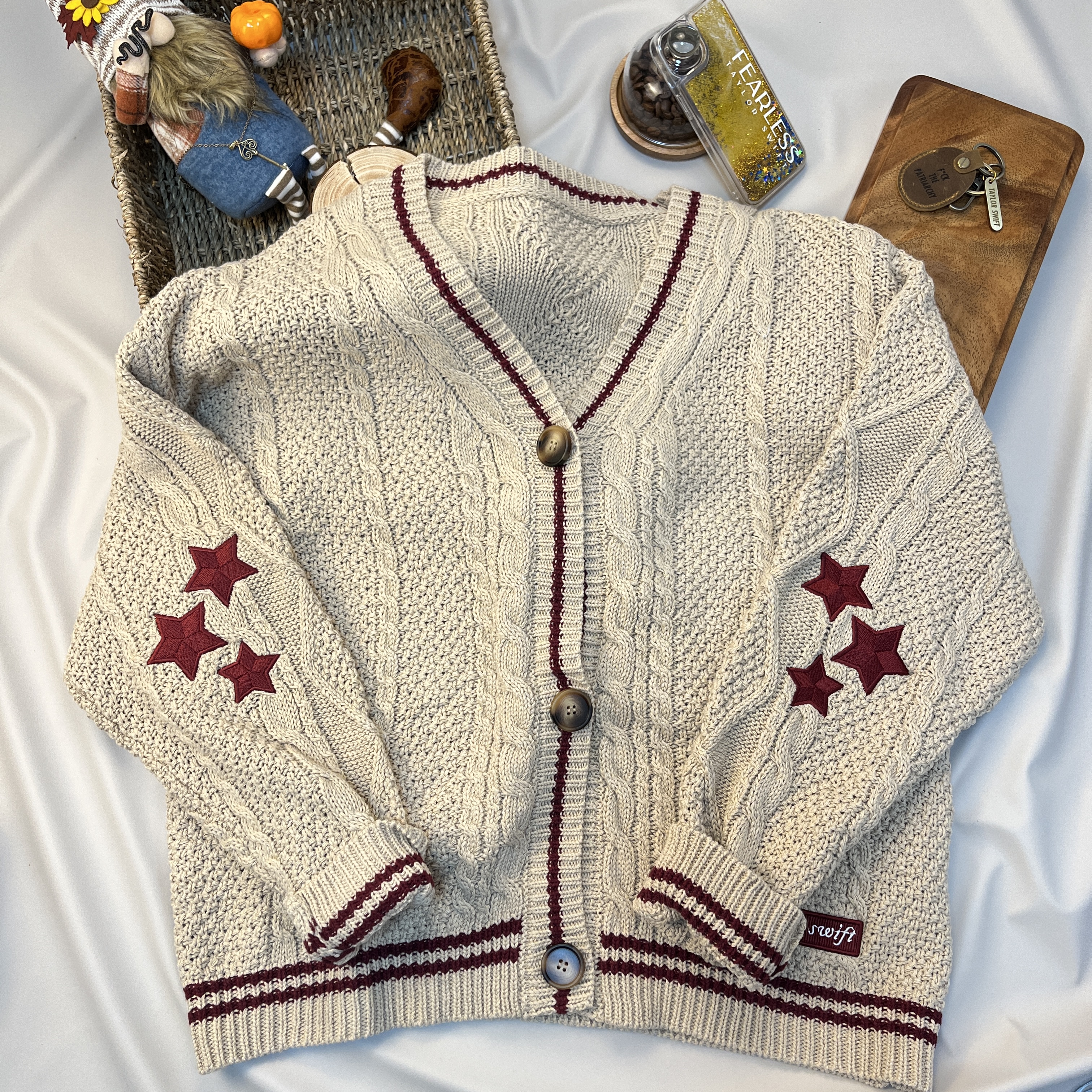 Red Stars Inspired Beige Cardigan