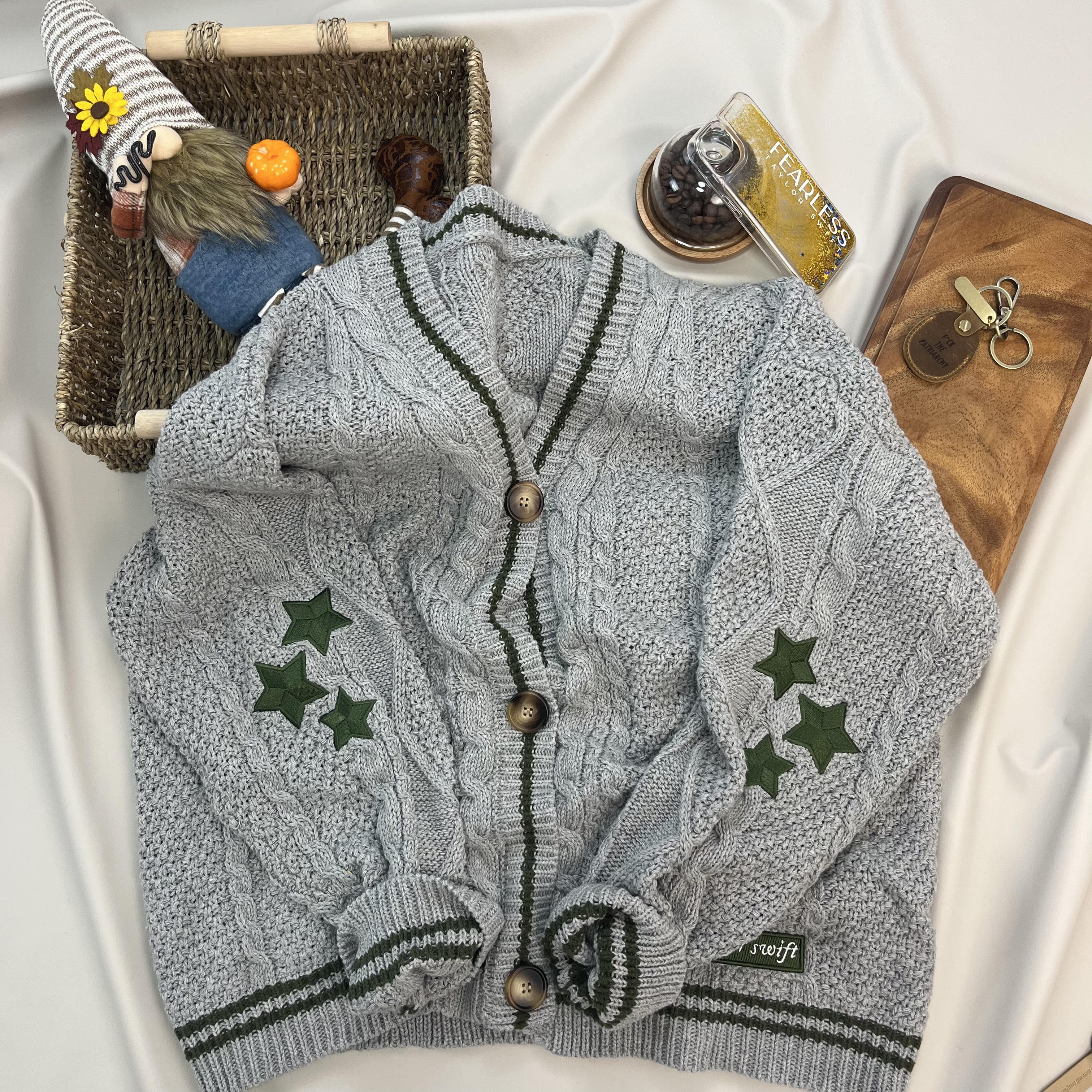 Green Stars Gray Cardigan