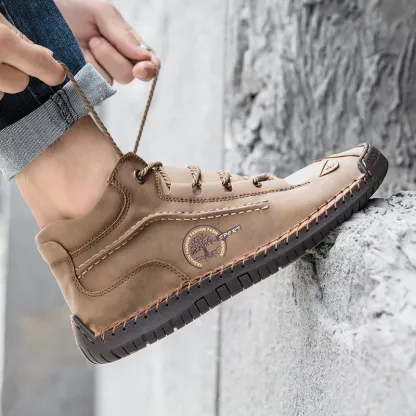 (⏰LAST DAY - 49% OFF🛒)Men's Retro Hand-Stitched Pigskin Boots – Wide Toe, Breathable, Non-Slip, Arch Support, Memory Foam Insole, Lightweight & Comfortable for Walking & Driving