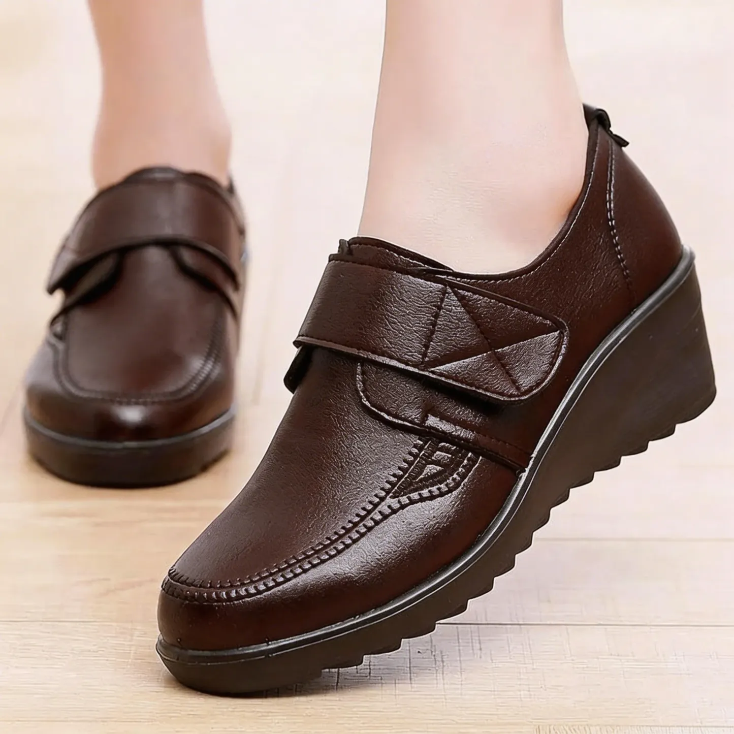 ⏰Limited Time Sale 49% OFF - Comfortable Leather Wedge Shoes with Secure Velcro Strap for All-Day Comfort