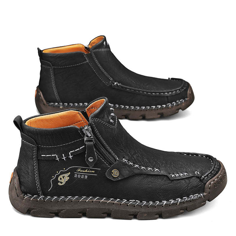 (⏰Last Day 70% OFF🔥)Men's Top-Quality Motorcycle Boots Hand-Stitched Genuine Leather Boots-Wide Toe, Waterproof， Anti-Slip， Anti-Sprain，Suitable for Work, Driving, Hiking