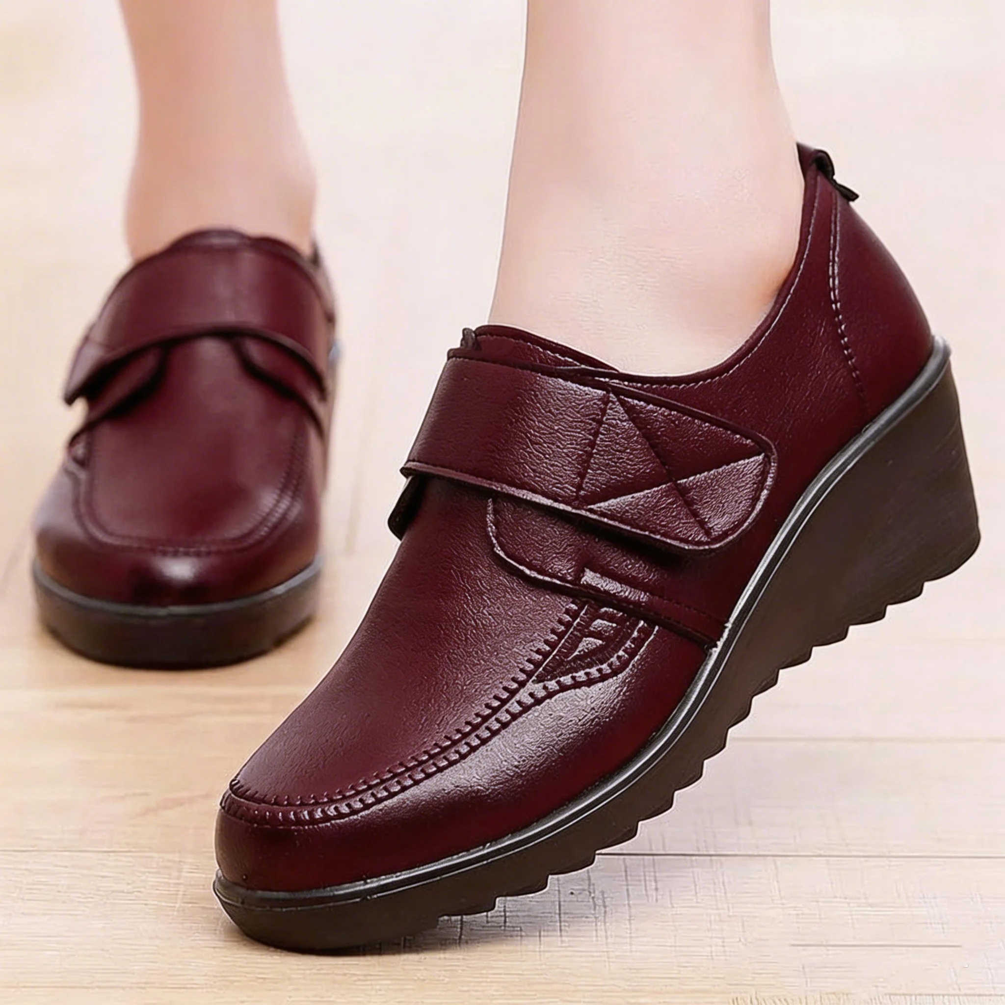 ⏰Limited Time Sale 49% OFF - Comfortable Leather Wedge Shoes with Secure Velcro Strap for All-Day Comfort