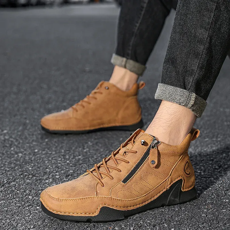 ⏰Limited Time Sale 50% OFF-Men’s Handmade Premium Leather Slip-On Boots – Wide Toe, Arch Support, Waterproof, Pressure Relief, Non-Slip Sole & Warmth for Everyday, Travel & Outdoor