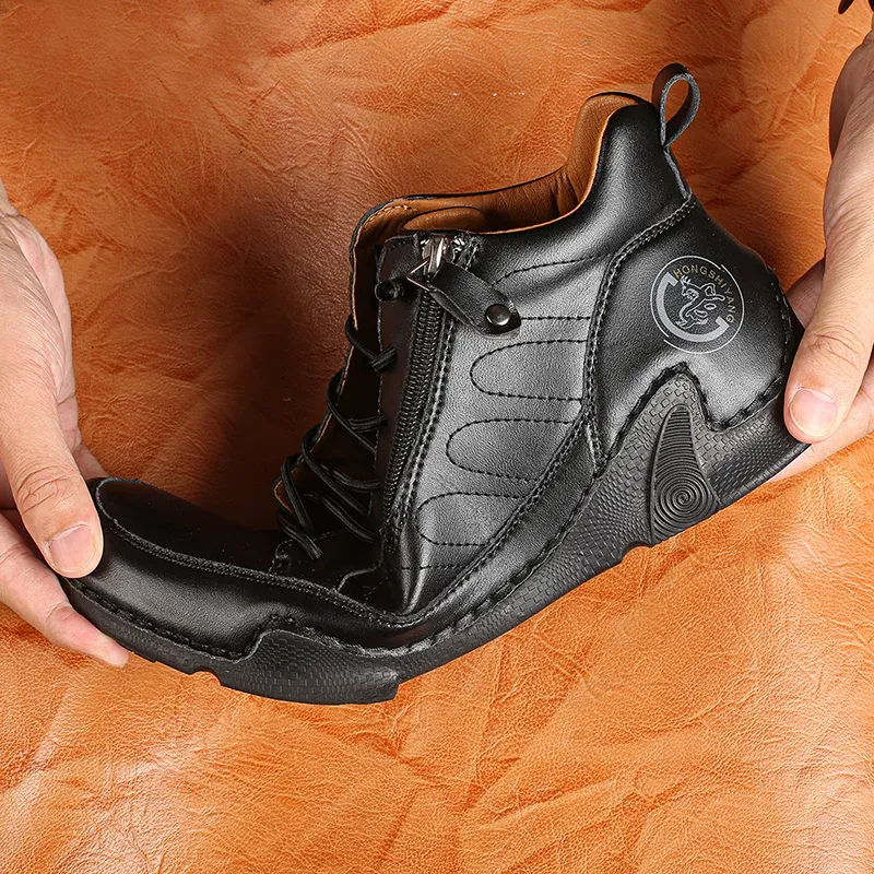 ⏰Limited Time Sale 50% OFF-Men’s Handmade Premium Leather Slip-On Boots – Wide Toe, Arch Support, Waterproof, Pressure Relief, Non-Slip Sole & Warmth for Everyday, Travel & Outdoor
