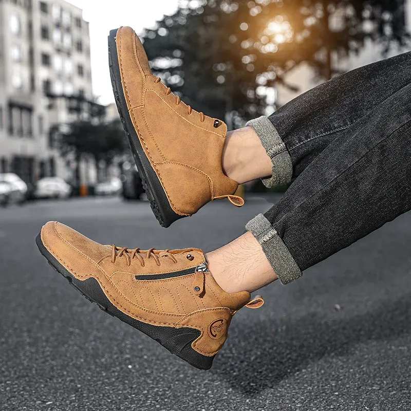 ⏰Limited Time Sale 50% OFF-Men’s Handmade Premium Leather Slip-On Boots – Wide Toe, Arch Support, Waterproof, Pressure Relief, Non-Slip Sole & Warmth for Everyday, Travel & Outdoor
