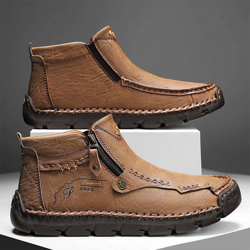 (⏰Last Day 70% OFF🔥)Men's Top-Quality Motorcycle Boots Hand-Stitched Genuine Leather Boots-Wide Toe, Waterproof， Anti-Slip， Anti-Sprain，Suitable for Work, Driving, Hiking