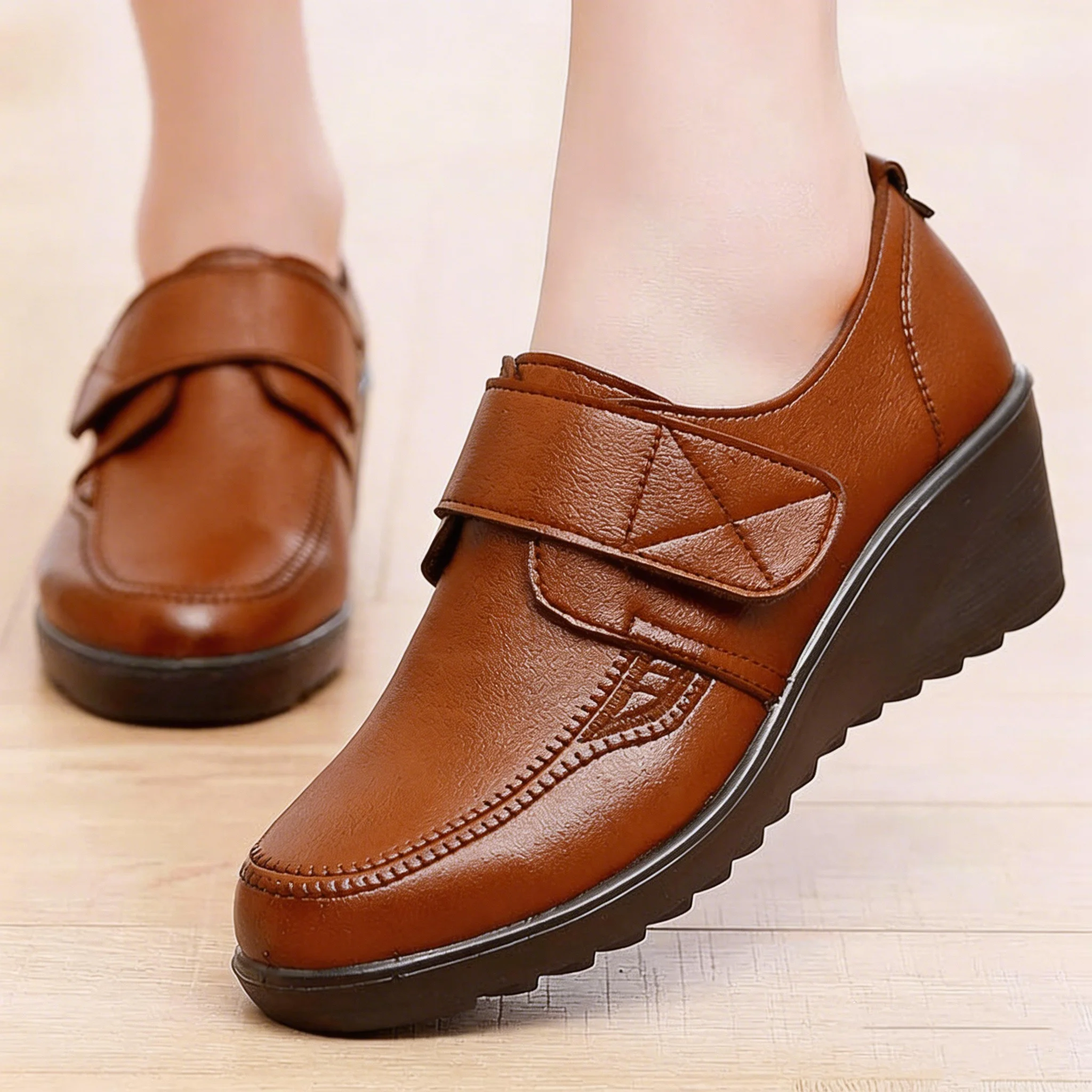 ⏰Limited Time Sale 49% OFF - Comfortable Leather Wedge Shoes with Secure Velcro Strap for All-Day Comfort