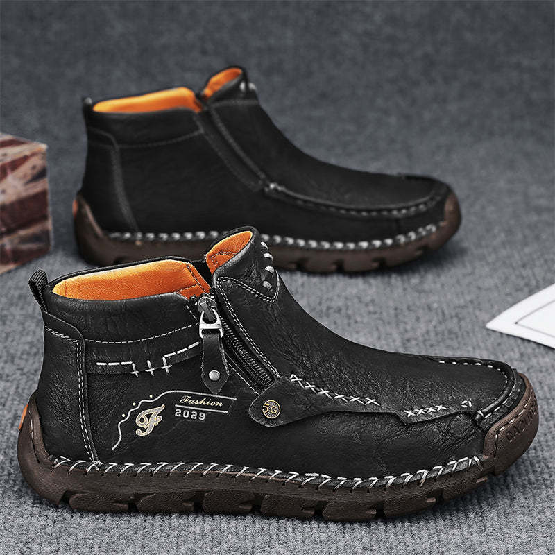 (⏰Last Day 70% OFF🔥)Men's Top-Quality Motorcycle Boots Hand-Stitched Genuine Leather Boots-Wide Toe, Waterproof， Anti-Slip， Anti-Sprain，Suitable for Work, Driving, Hiking