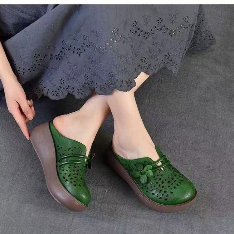 Women's Hollow Leather Wide Toe Box Wedge Sandals