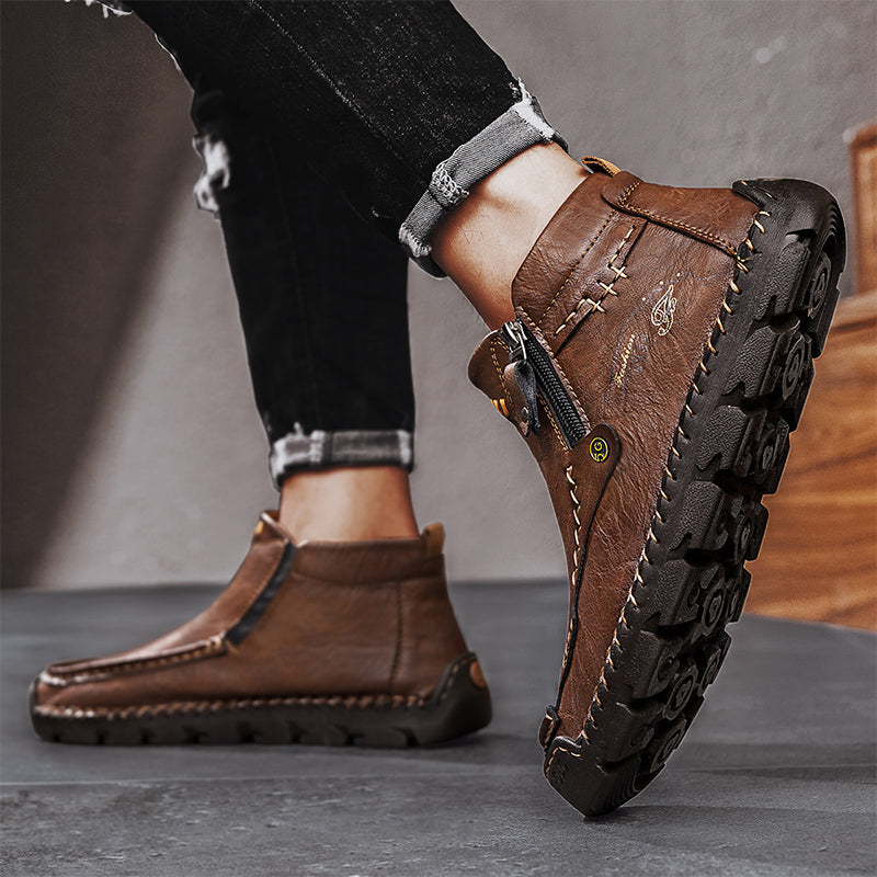 (⏰Last Day 70% OFF🔥)Men's Top-Quality Motorcycle Boots Hand-Stitched Genuine Leather Boots-Wide Toe, Waterproof， Anti-Slip， Anti-Sprain，Suitable for Work, Driving, Hiking