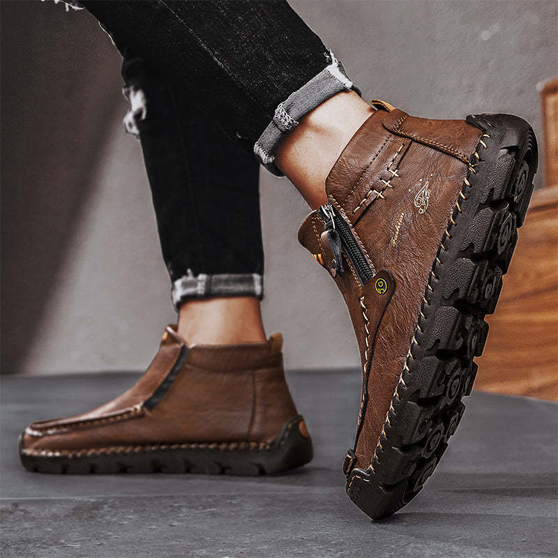 (⏰Last Day 70% OFF🔥)Men's Top-Quality Motorcycle Boots Hand-Stitched Genuine Leather Boots-Wide Toe, Waterproof， Anti-Slip， Anti-Sprain，Suitable for Work, Driving, Hiking