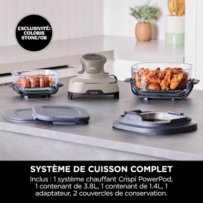 Ninja CRISPi Friteuse sans huile portable, 3,8L, 4-en-1 : Frire sans huile, Rôtir, Garder au chaud, Recroustiller, Design compact, 2 récipients avec couvercles, 1 700 W, Stone/or FN101EUSTGD