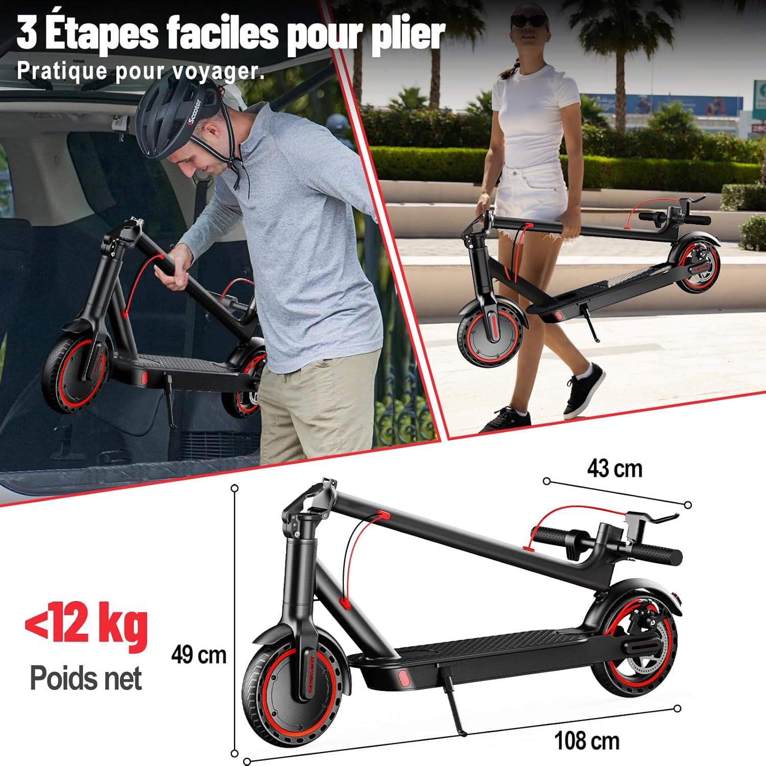 TODIMART T3 Trottinette Electrique Adulte antivol Ultra Legere, Moteur 350W/25KM/H Autonomie 35KM Batterie 36V 7.8Ah,Trotinette électrique Adulte Pliable pneus nid d'abeille increvables, Charge 120kg