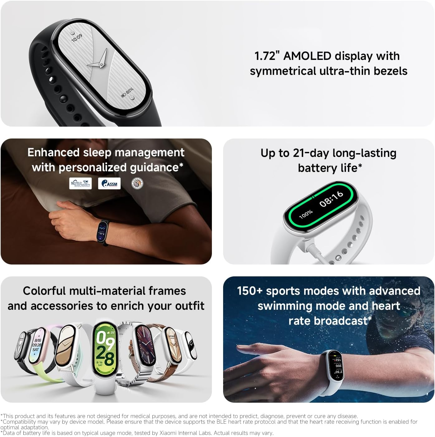 Xiaomi Smart Band 10, Montre Connectée, Boîtier alu, Suivi d'Activité, Écran AMOLED 1.72'', Autonomie 21 Jours, Charge Rapide, Suivi santé & Sommeil,150+ Sports, iOS & Android, 5 ATM, Boussole