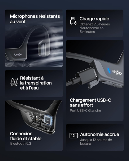 SHOKZ Casque à Conduction Osseuse OpenRun Pro 2, Écouteurs sans Fil Bluetooth 5.3, Microphones Réducteurs de Bruit, Étanchéité IP55, 12h d'Autonomie, Charge Rapide USB-C, Noir