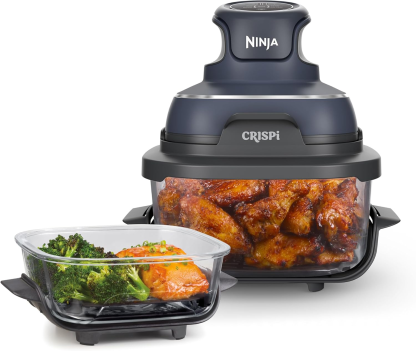 Ninja CRISPi Friteuse sans huile portable, 3,8L, 4-en-1 : Frire sans huile, Rôtir, Garder au chaud, Recroustiller, Design compact, 2 récipients avec couvercles, 1 700 W, Stone/or FN101EUSTGD