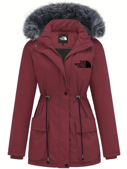 2024 THE NORthtTH FACE-Women's Elegant Long Sleeve Fluffy Trim Hooded Coat, Warm Drawstring Outerwear for Cold Weather