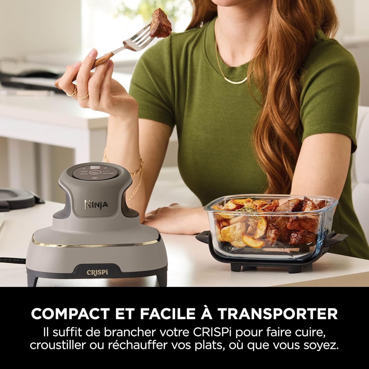 Ninja CRISPi Friteuse sans huile portable, 3,8L, 4-en-1 : Frire sans huile, Rôtir, Garder au chaud, Recroustiller, Design compact, 2 récipients avec couvercles, 1 700 W, Stone/or FN101EUSTGD