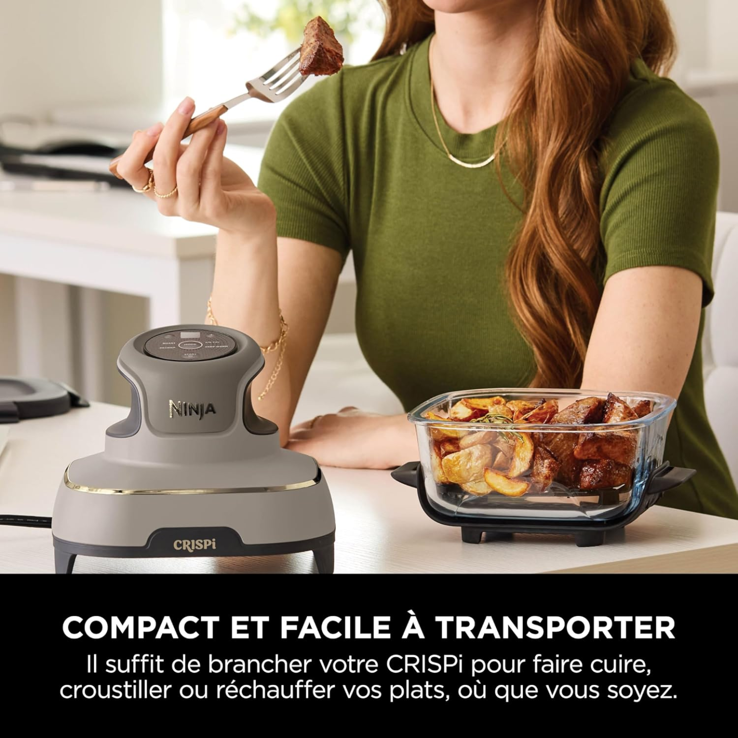 Ninja CRISPi Friteuse sans huile portable, 3,8L, 4-en-1 : Frire sans huile, Rôtir, Garder au chaud, Recroustiller, Design compact, 2 récipients avec couvercles, 1 700 W, Stone/or FN101EUSTGD