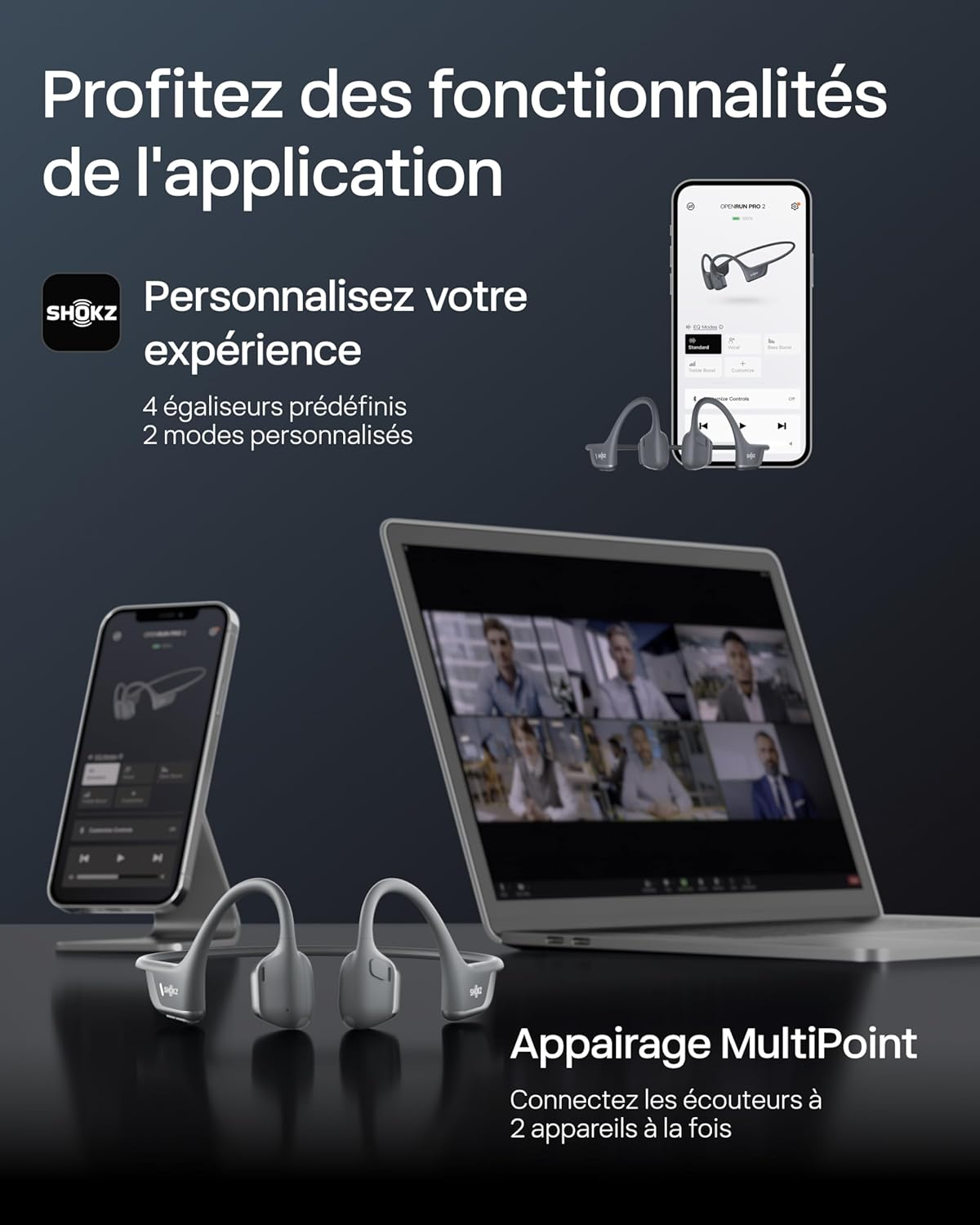 SHOKZ Casque à Conduction Osseuse OpenRun Pro 2, Écouteurs sans Fil Bluetooth 5.3, Microphones Réducteurs de Bruit, Étanchéité IP55, 12h d'Autonomie, Charge Rapide USB-C, Noir